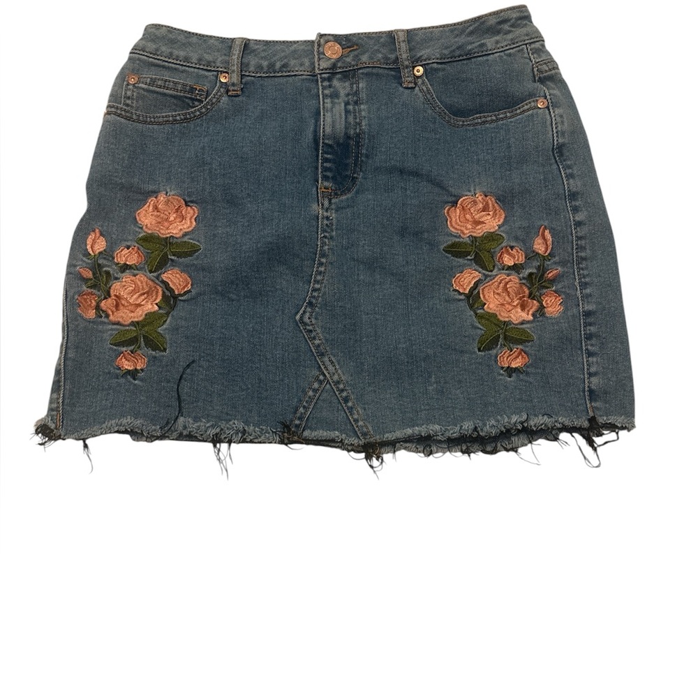 Guess Blue Denim Skirt with Pink Floral Embroidery